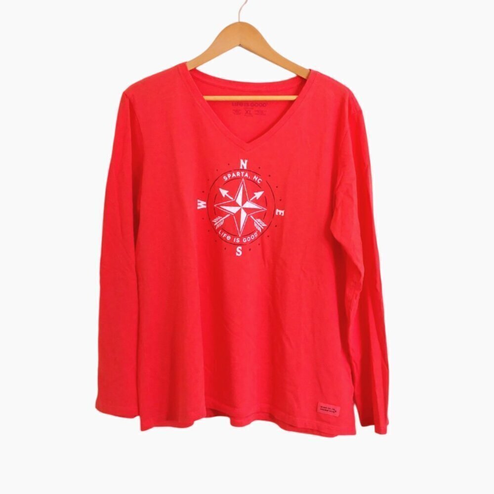 New Life Is Good Cotton Compass Long Sleeve Teeβ Coral Orange Size XL